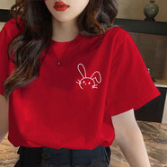 王熙麥t恤女2023新款印花短袖夏季韓版上衣寬松體恤上衣 紅色（側邊小兔） XXXL建議140-160斤