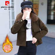皮爾卡丹2025冬季新款加絨加厚牛仔外套女短款寬松休閑小個子工裝夾克上衣 軍咖色加絨 M【85-100斤】