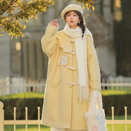森女部落原創(chuàng)治愈溫暖系中長款毛呢外套夾棉加厚呢子氣質(zhì)大衣寬松 黃色大衣（單件） M
