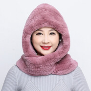 幕加格 獺兔毛帽子圍巾一體冬季女圍巾兩用加厚保暖中老年皮草帽子M2135 藕粉 均碼