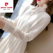 皮爾卡丹羊毛針織連衣裙女蕾絲2023年新款秋冬季配d衣的長(cháng)裙子加厚過(guò)膝內 米白色 3007A S