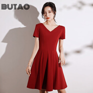 BUTAO女裝赫本風(fēng)連衣裙夏季新款V領(lǐng)小黑裙收腰顯瘦短袖小個(gè)子a字裙 031款前后V領(lǐng)酒紅色 XXXL