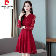 皮爾卡丹（pierre cardin）蕾絲連衣裙女秋冬2025春秋裙新款長袖修身加厚打底早秋氣質(zhì)裙子 酒紅色(常規(guī)款) 3XL