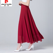 皮爾卡丹新款夏季雪紡半身裙女白色高腰A字中長(cháng)大擺跳舞裙純色紅色長(cháng)裙子 酒紅色(1306/雙層有內襯) 裙長(cháng)90cm 適合身高158-165