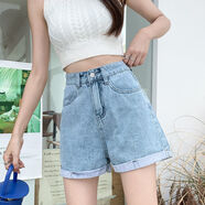 薏星 淺藍色牛仔短褲女薄款夏季新款高腰卷邊顯瘦寬松淑女風(fēng)淑女風(fēng)日常淑女風(fēng)出游沙灘a字熱褲潮洋氣 淺藍 S