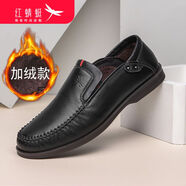 紅蜻蜓男鞋商務(wù)休閑園頭套腳頭層牛皮軟皮軟底透氣舒適防滑休閑鞋爸爸鞋 黑色加絨款 38 240mm