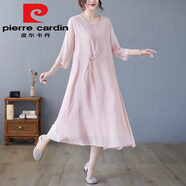 皮爾卡丹（pierre cardin）文藝復古飄逸棉麻連衣裙女2025夏季新款七分袖中式禪意亞麻A字裙 粉色 2XL