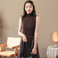 素缺 法式氣質(zhì)高級感半高領(lǐng)無(wú)袖背心裙秋冬設計感針織中長(cháng)款連衣裙 咖啡色 均碼
