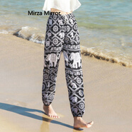 Mirza Mirror沙灘褲女燈籠褲夏季冰絲薄款束口長(cháng)花褲闊腿大人棉綢防蚊褲子 棉綢料大象黑色(單口袋) 4XL