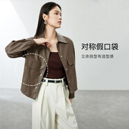 尚都比拉干練帥氣經(jīng)典百搭翻領(lǐng)口袋設(shè)計(jì)機(jī)車夾克女皮衣 咖啡色 L 