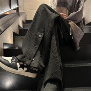 迪伽達(dá)港風(fēng)提花休閑褲男高街直筒寬松男褲排扣開叉設(shè)計感潮大碼長褲子男 XCS-D118黑色 XL (建議體重130-145斤)