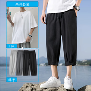 普戈斯（PUGESI）胖子大碼230斤冰絲七分褲男夏季薄款運動(dòng)短褲潮牌ins高街寬松大碼 純棉T恤 2件套裝 M 95至115斤可穿