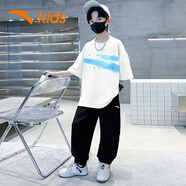 安踏兒童套裝童裝男童官方運(yùn)動(dòng)服中大童春夏季速干透氣短袖長褲兩件套 白T+黑褲1 160