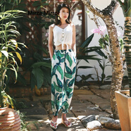 Mirza Mirror沙灘褲女燈籠褲夏季冰絲薄款束口長(cháng)花褲闊腿大人棉綢防蚊褲子 白底綠蕉葉子 S