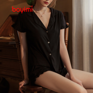 帛依蜜（boYimi）新款性感睡衣女夏季薄款兩件套家居服女士大碼短褲套裝新款純欲風(fēng) 黑色(上衣+短褲) L (適合110-125斤左右)