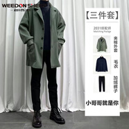 威登羊港風(fēng)三件套秋冬季中長(zhǎng)款?yuàn)A克外套加絨休閑套裝男潮流衣服褲子男裝 綠外套+黑毛衣+黑絨西褲【三件套 2XL