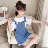 艾諾輪兒童背帶褲女夏季大童初中生薄款4-12歲小女孩百搭休閑吊帶短褲女童牛仔套裝夏裝舒適洋氣外穿 短袖+背帶褲 120cm