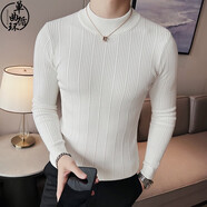 單曲循環(huán)輕奢潮牌男士半高領(lǐng)秋冬季新款上衣緊身長袖t恤針織打底衫男 白色 L  【建議125斤以內(nèi)】