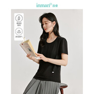 茵曼（INMAN）桑蠶絲混紡T恤2025夏季女裝新款U領(lǐng)顯瘦百搭上衣 午夜黑 S