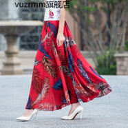 vuzrmm波西米亞沙灘長裙2023夏季翠花雪紡半身裙長款女復古印花大擺裙 R1色彩紅羽 M 2尺-2.1尺