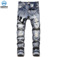 結盟者春夏復古拼接破洞貼布牛仔褲男士刺繡修身小腳褲男彈力繡花長(cháng)褲子 SS_3093_AM 38