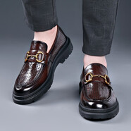 柯盾（KEDUN）春秋馬銜扣樂(lè )福鞋一腳蹬休閑皮鞋男士真皮商務(wù)正裝男鞋厚底防滑 棕色（鏤空款11523） 40