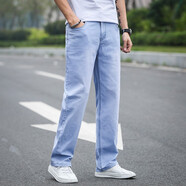 飛艘渡牛仔褲男寬松夏季薄款彈力休閑牛仔褲加肥加大碼顯瘦褲長褲 超淺藍(lán)066 34  2尺7