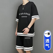 歌古森（GEGUSEN）冰絲速干短袖t恤男孩12-15歲青少年學(xué)生13帥氣運動(dòng)套裝14大童夏裝 3092-5黑色（短袖+短褲） M (80-100斤左右)