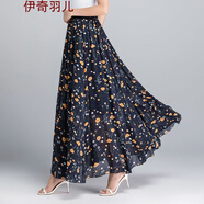 伊奇羽兒少女百褶a字裙雪紡半身裙中長款高腰顯瘦長裙復(fù)古大擺長裙沙灘裙 深藍(lán)小黃花 M 80-100斤