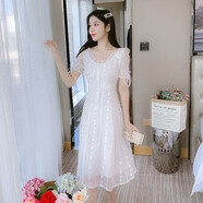 YUDA雪紡連衣裙2024新款女裝春夏季v領(lǐng)短袖裙子高腰顯瘦夏天仙女中長 MEX白色 S【建議95斤以下】