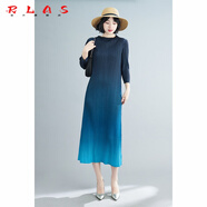 RLAS三宅褶皺2025新款夏季感長裙女氣質(zhì)小眾設(shè)計(jì)漸變色a字連衣裙 藍(lán)色(九.分袖) 均碼