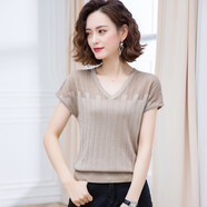 歌米拉 冰絲短袖T恤女裝夏裝新款夏季v領(lǐng)上衣亮絲針織衫寬松 駝色 XL