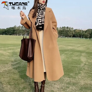 啄木鳥雙面100羊毛大衣女冬季2025新款赫本風(fēng)韓系中長(zhǎng)款高級(jí)感呢子外套 駝色 S 建議90-120斤斤