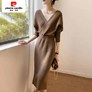 皮爾卡丹（pierre cardin）新款秋冬修身連衣裙氣質(zhì)叉領針織毛衣裙法式收腰顯瘦包臀裙女 咖啡色 XL 120-130斤