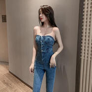 蘭威費雷小個(gè)子性感高腰抹胸牛仔連體褲女年早春裝新款修身洋氣小腳褲 藍色 L