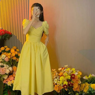 白展唐女式連衣裙 高檔高端大氣春秋款2024復古感收腰顯瘦方領(lǐng)女夏新款 豆芽黃 XL