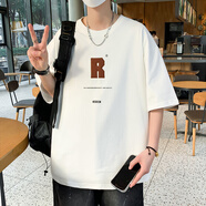 芊旻夏季新款字母圓領(lǐng)短袖t恤寬松半袖休閑時(shí)尚潮流百搭短袖上衣 白色 L 100-130斤