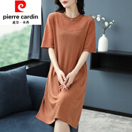 皮爾卡丹女裝蕾絲網(wǎng)紗拼接連衣裙女2022夏季寬松顯瘦洋氣年輕女士冰絲針織 橘色 M