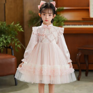 糊圖狗（HUTUGOU） 女童連衣裙春秋款小女孩紗裙新款蕾絲裙寶寶公主裙長袖新款仙 粉色 2439金絲皺旗袍裙 130