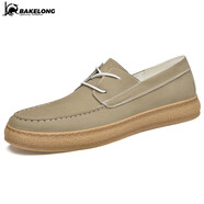 巴克龍（bakeLong）歐洲站新款休閑鞋子男夏季輕奢品牌運(yùn)動(dòng)真皮透氣平板男鞋子 卡其色 39