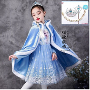 喵駝艾莎女王冰雪奇緣艾沙公主裙女童秋冬加絨愛(ài)莎裙兒童生日禮服裙子 艾莎裙藍色(加絨)+斗篷+三件套 130 適合身高(115-125)cm