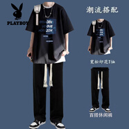花花公子（PLAYBOY）短袖t恤男士夏季ins潮牌休閑套裝一套搭配直筒長(cháng)褲兩件套男裝學(xué)生 黑色+ 黑褲K102 2XL