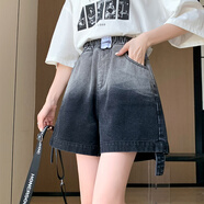 秋伊梵2024新款大碼漸變色牛仔短褲女夏胖mm胯大顯瘦小個(gè)子闊腿A字熱褲 漸變黑 4XL