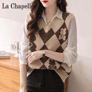 拉夏貝爾（La Chapelle）復古菱格卡通春減齡羊毛針織背心馬甲女外搭秋冬毛衣坎肩馬夾 純100自動(dòng)發(fā)熱駝色 純100自動(dòng)發(fā)熱S碼 建議85--95斤