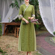 歐黛秀奧黛越南服裝漢服中長(cháng)裙中國風(fēng)2023年輕款少女復古改良旗袍連衣裙 綠色 3726 L