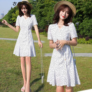 衣典零一 連衣裙2020夏裝新款夏季女裝時(shí)尚氣質(zhì)韓版修身顯瘦女士V領(lǐng)波點(diǎn)小個(gè)子短袖雪紡連衣裙短裙子 白色 L