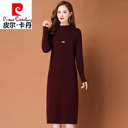 皮爾卡丹（pierre cardin）中年女連衣裙新款冬季中長款加厚毛衣打底過膝絨裙子 酒紅色 2XL