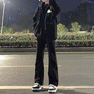 卡圖弛 修身直筒牛仔褲男秋季潮流顯瘦高街韓版美式ins闊腿微喇休閑褲子 黑色 XL 【建議125-140斤】