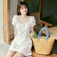 樂(lè )町純欲風(fēng)連衣裙花邊方領(lǐng)顯瘦A字裙小個(gè)子連衣短裙 藍印花（現貨） S