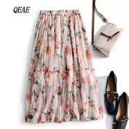 QEAE潮牌印花不規則壓褶歐根紗半身裙女夏季新款高腰顯瘦百褶中長(cháng)裙子 干枯玫瑰色 L